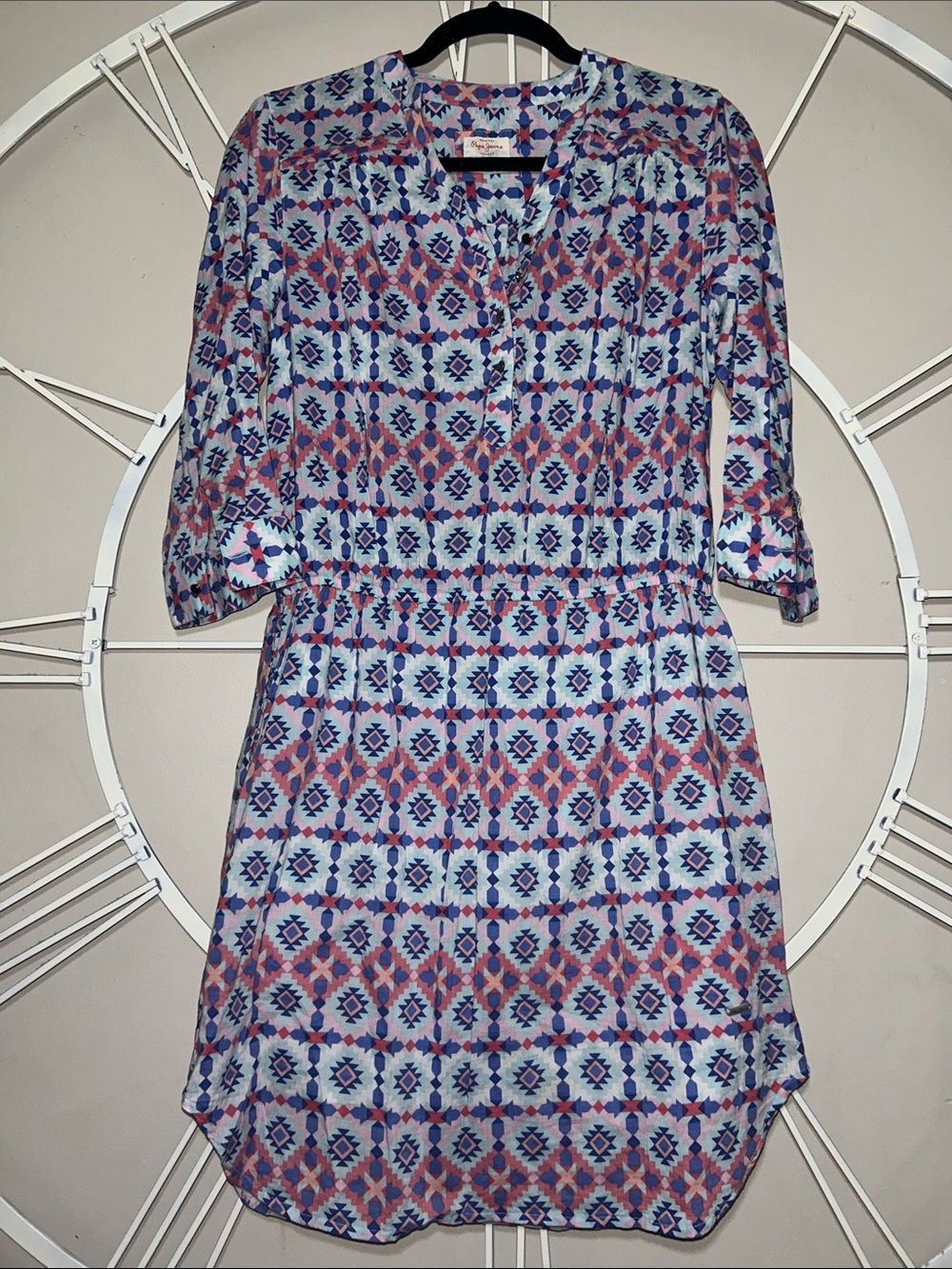 Pepe Jeans London Blue and Pink Geometric Shirt Style Midi Dress